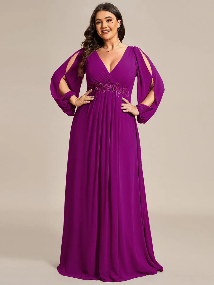 Elegant Chiffon V-Neckline Long Sleeve Formal Evening Dress