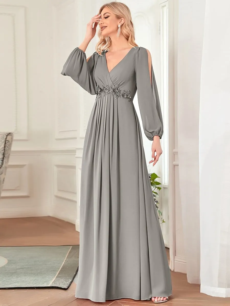 Elegant Chiffon V-Neckline Long Sleeve Formal Evening Dress