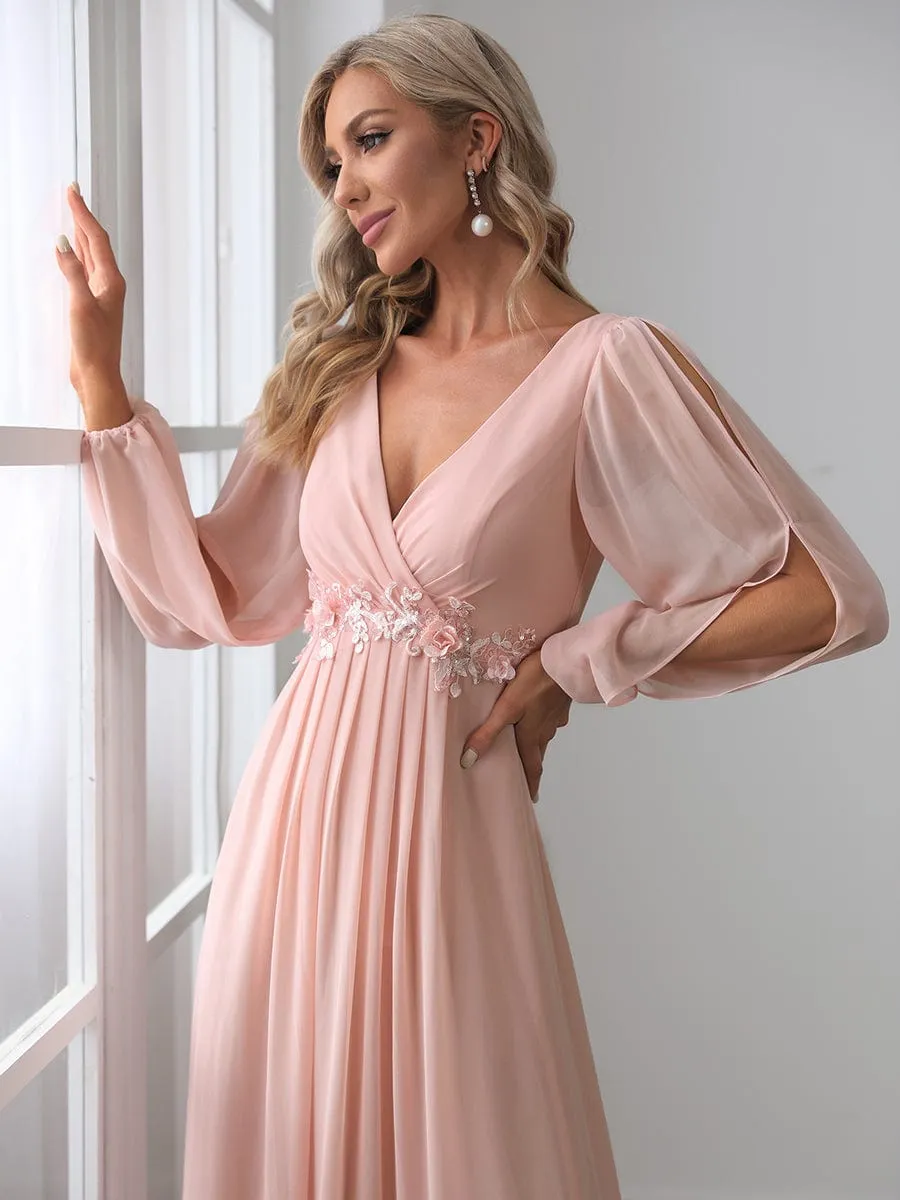 Elegant Chiffon V-Neckline Long Sleeve Formal Evening Dress