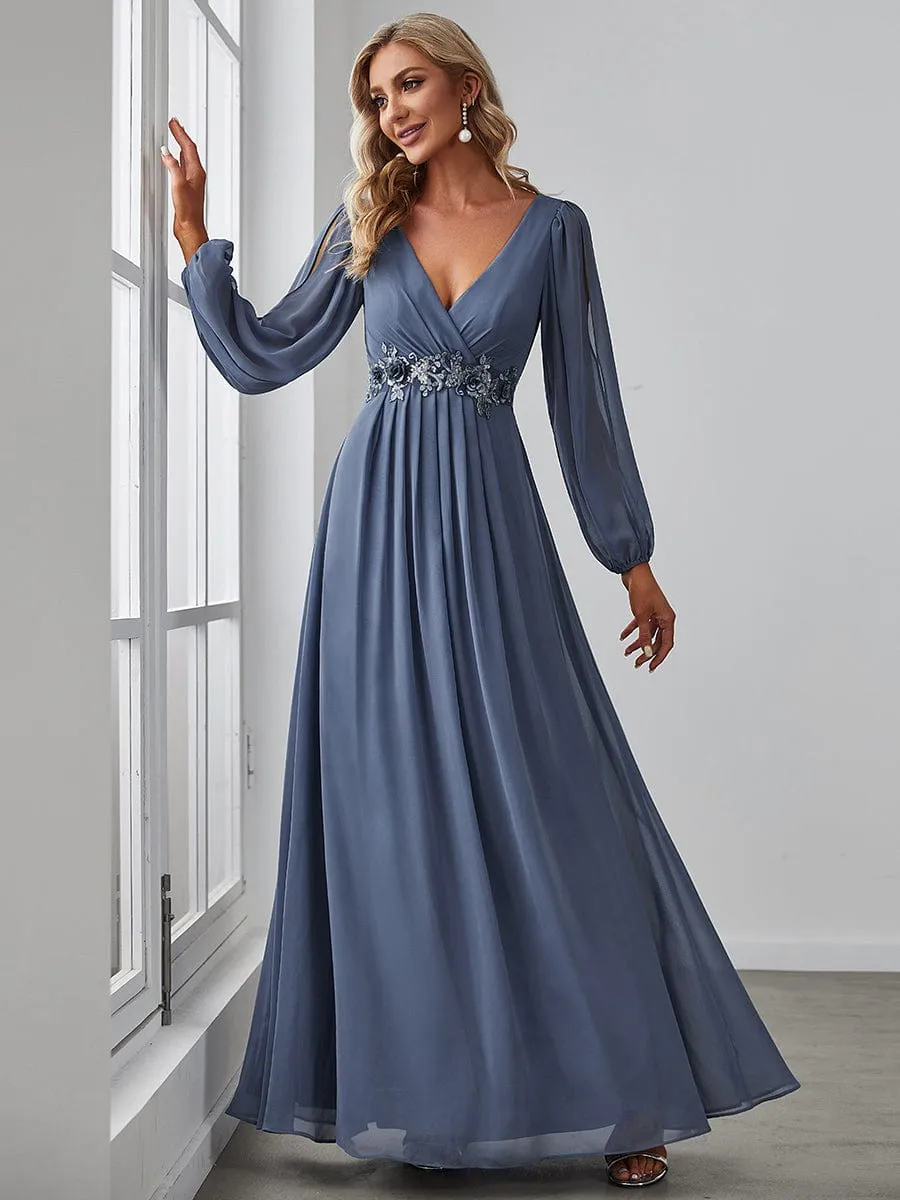 Elegant Chiffon V-Neckline Long Sleeve Formal Evening Dress