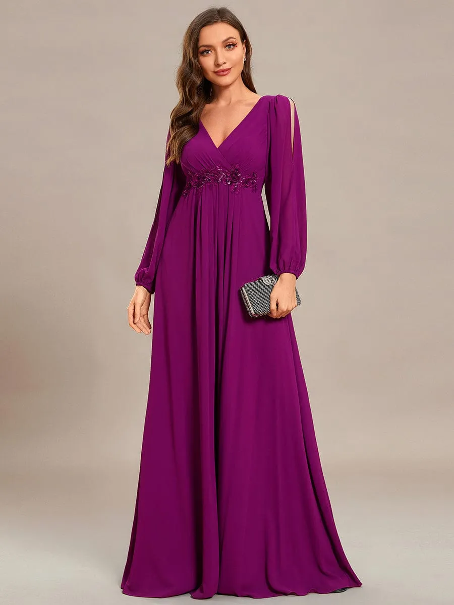 Elegant Chiffon V-Neckline Long Sleeve Formal Evening Dress