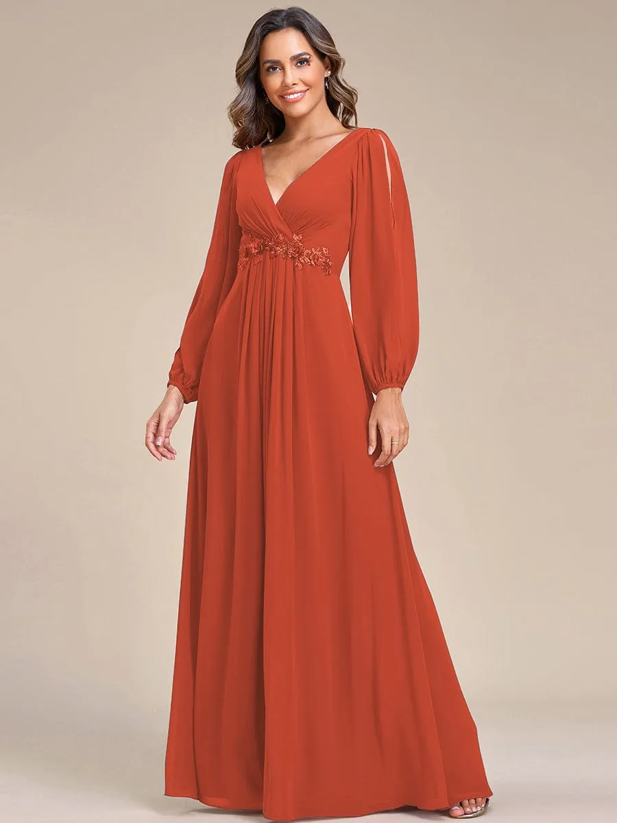 Elegant Chiffon V-Neckline Long Sleeve Formal Evening Dress