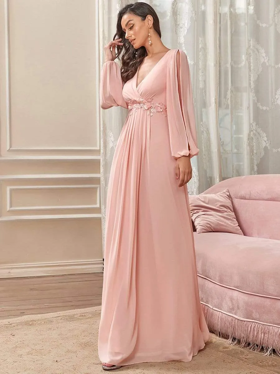 Elegant Chiffon V-Neckline Long Sleeve Formal Evening Dress