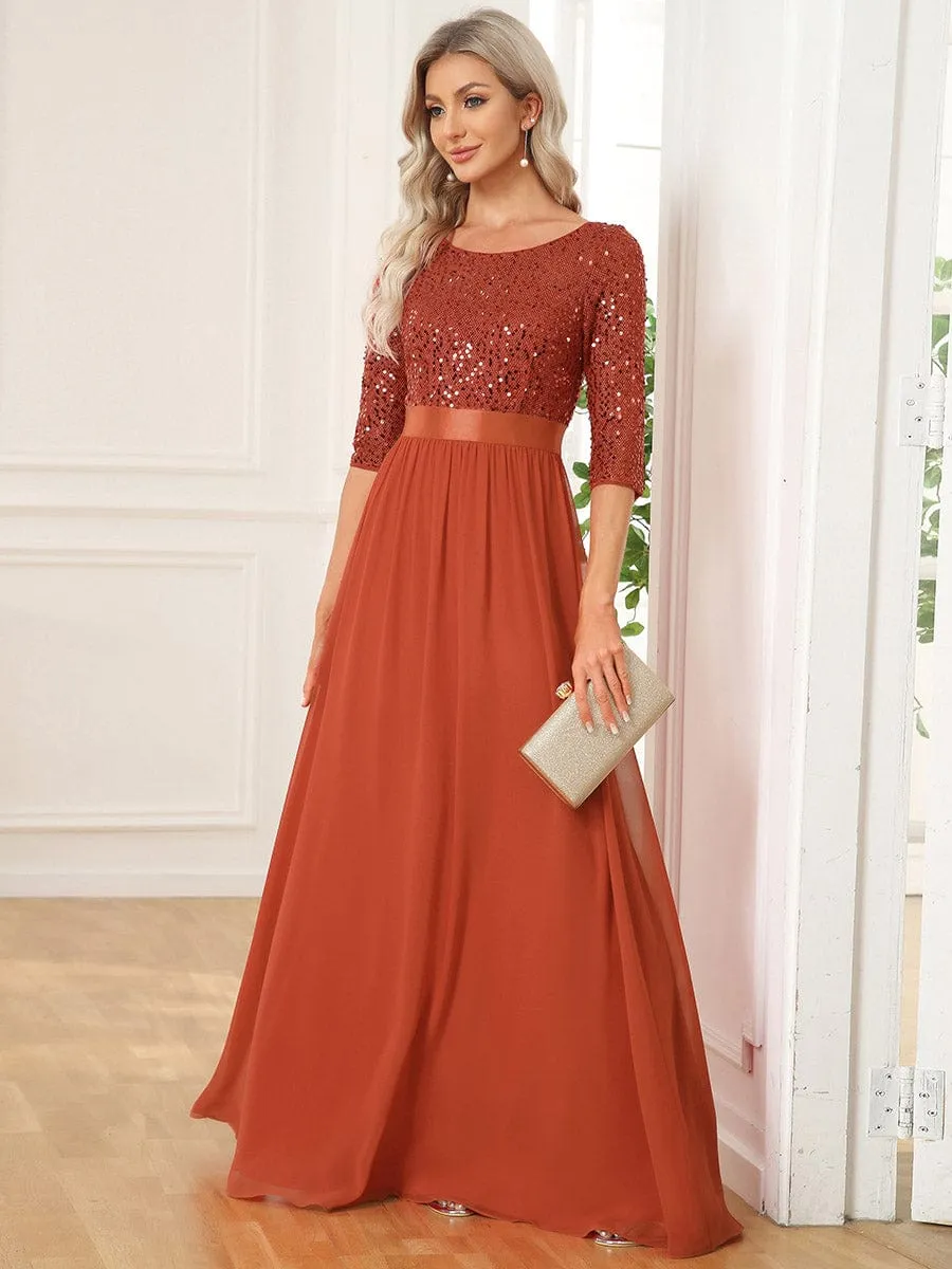 Elegant Round Neckline Long Sleeves Sequin Evening Dress