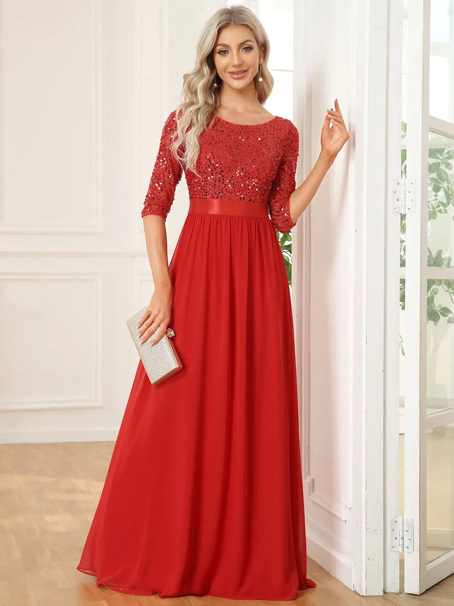 Elegant Round Neckline Long Sleeves Sequin Evening Dress