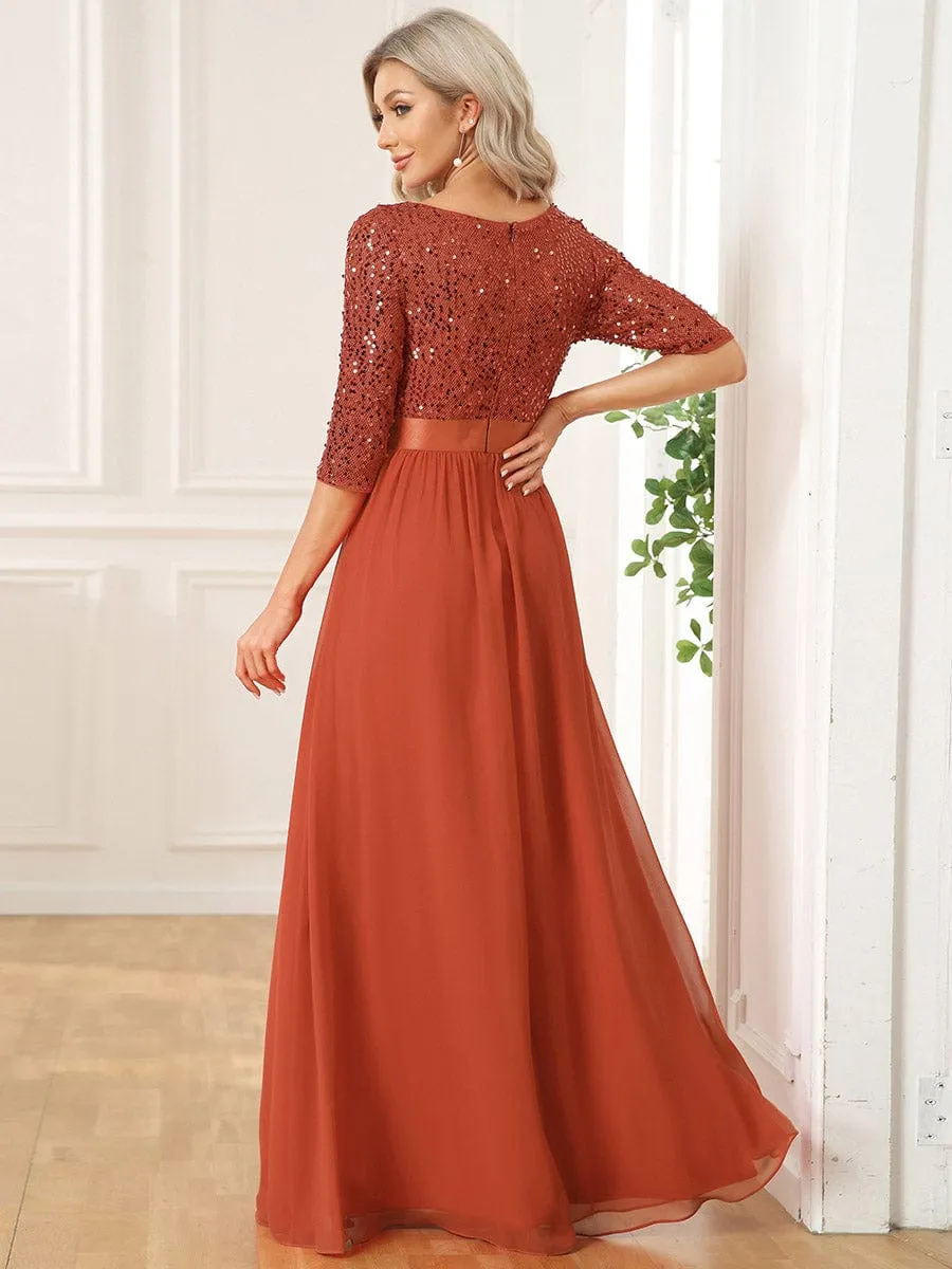 Elegant Round Neckline Long Sleeves Sequin Evening Dress