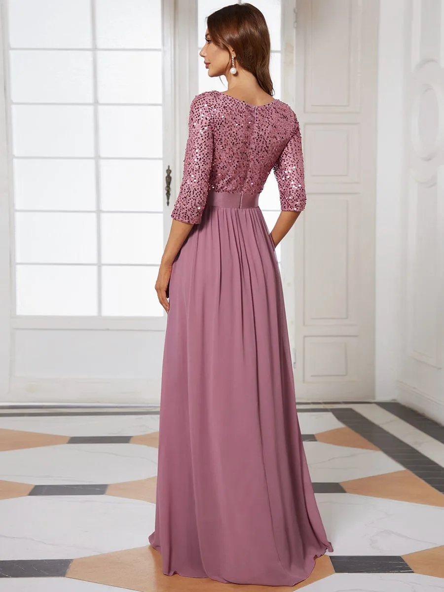 Elegant Round Neckline Long Sleeves Sequin Evening Dress