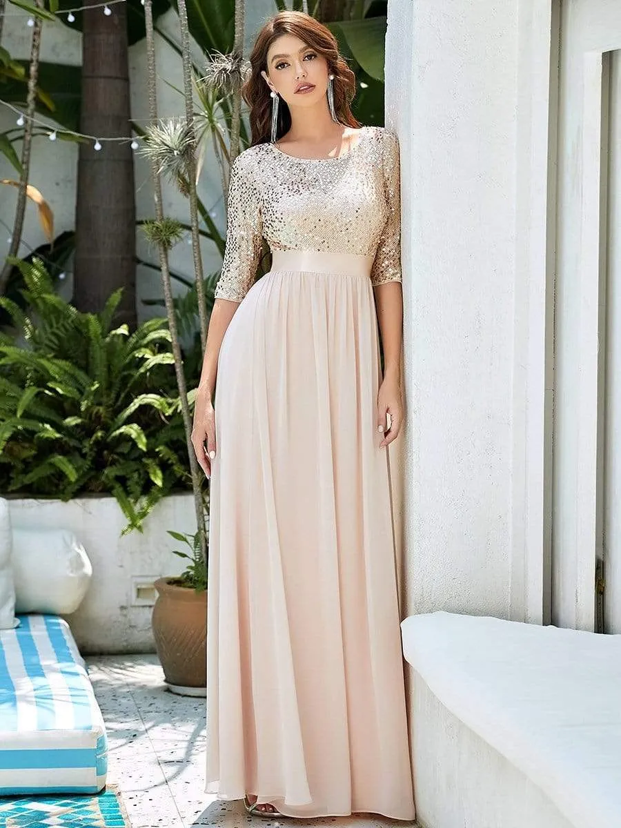 Elegant Round Neckline Long Sleeves Sequin Evening Dress