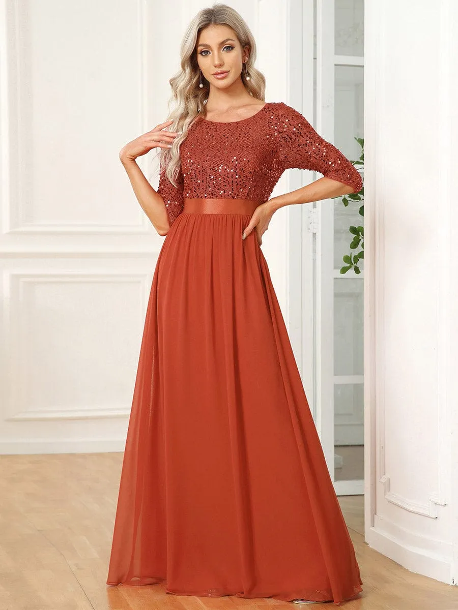 Elegant Round Neckline Long Sleeves Sequin Evening Dress