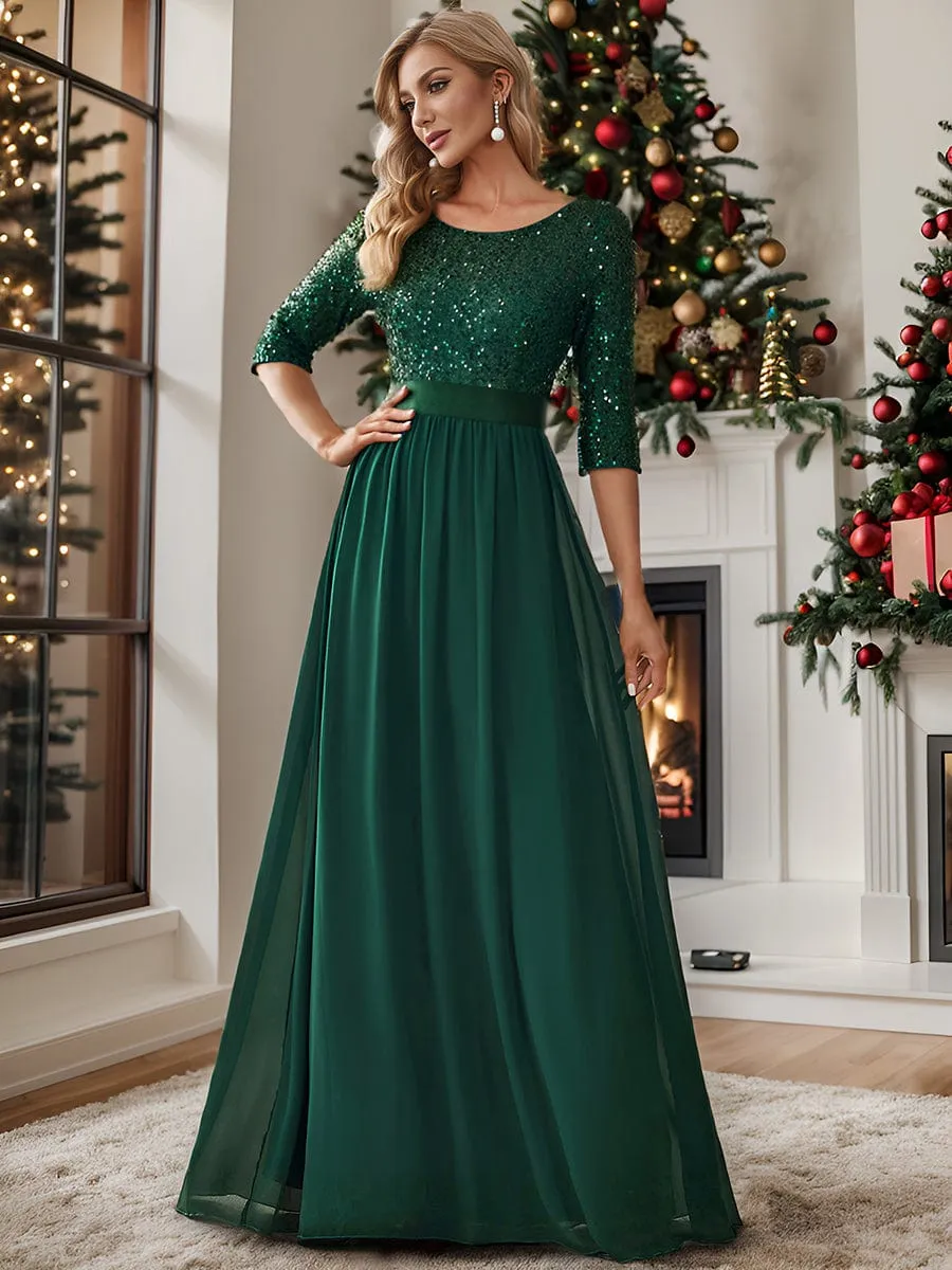 Elegant Round Neckline Long Sleeves Sequin Evening Dress