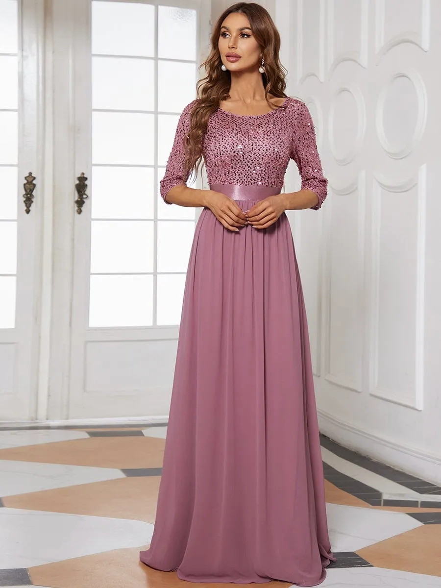 Elegant Round Neckline Long Sleeves Sequin Evening Dress