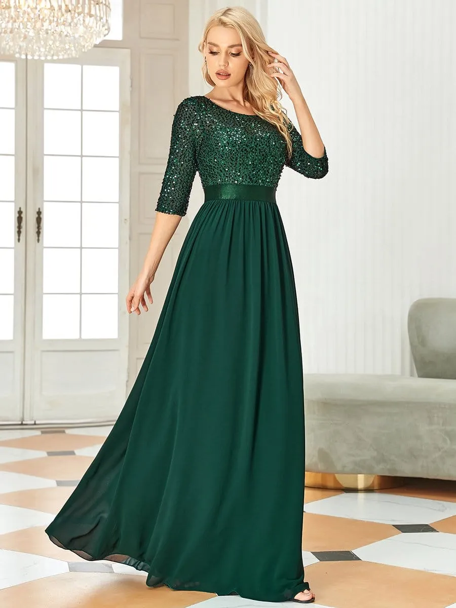 Elegant Round Neckline Long Sleeves Sequin Evening Dress