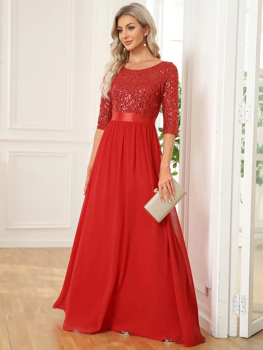 Elegant Round Neckline Long Sleeves Sequin Evening Dress