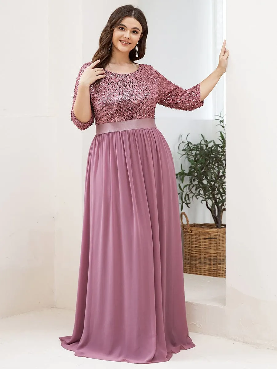 Elegant Round Neckline Long Sleeves Sequin Evening Dress