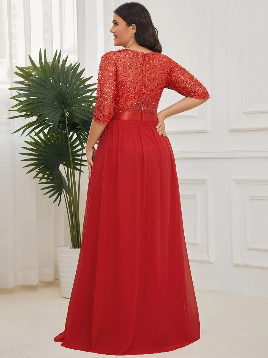 Elegant Round Neckline Long Sleeves Sequin Evening Dress