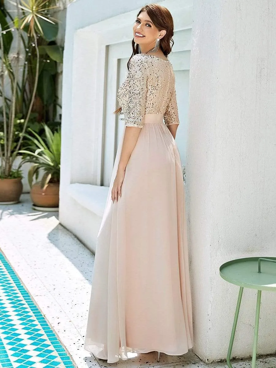 Elegant Round Neckline Long Sleeves Sequin Evening Dress