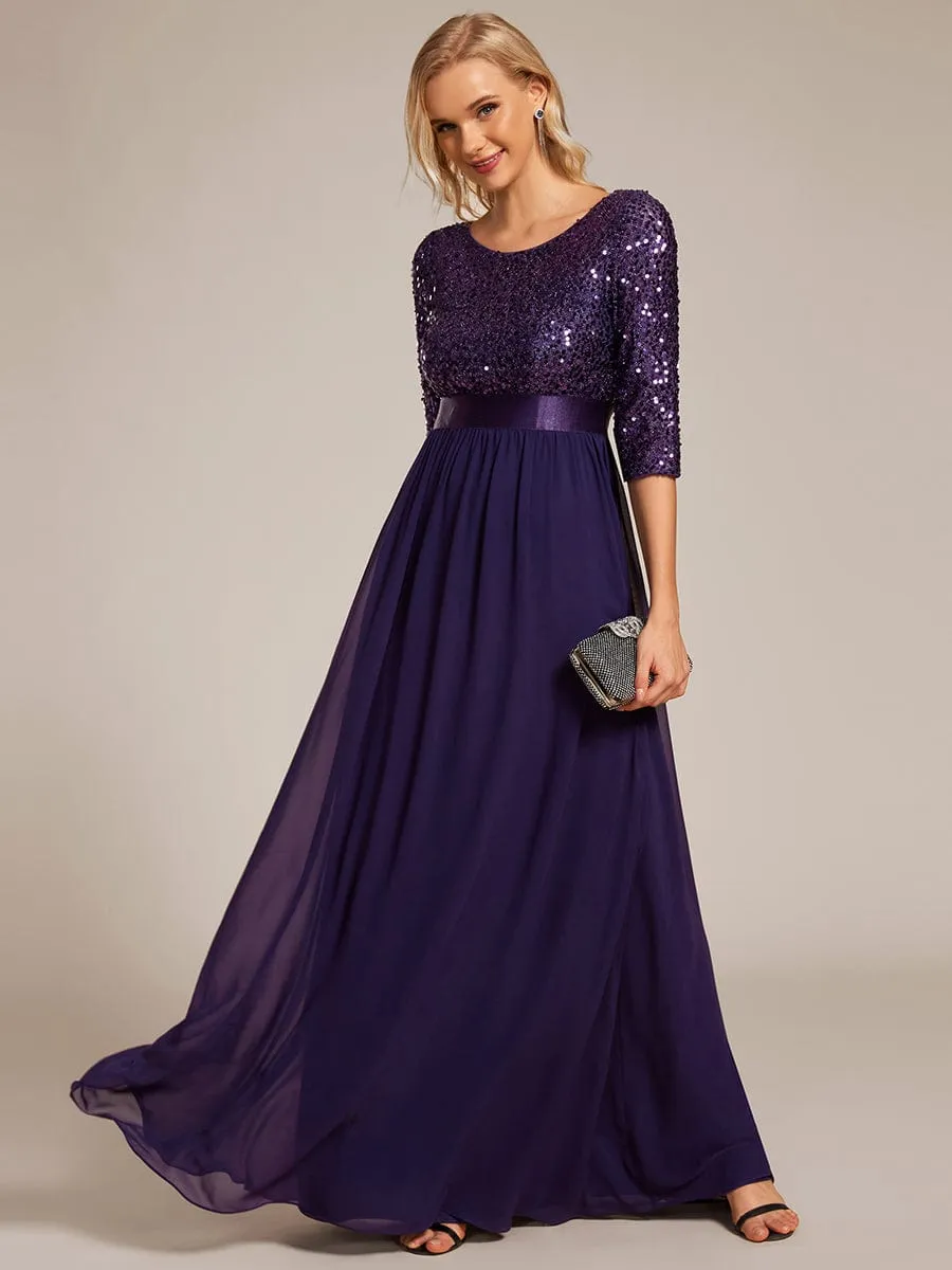 Elegant Round Neckline Long Sleeves Sequin Evening Dress