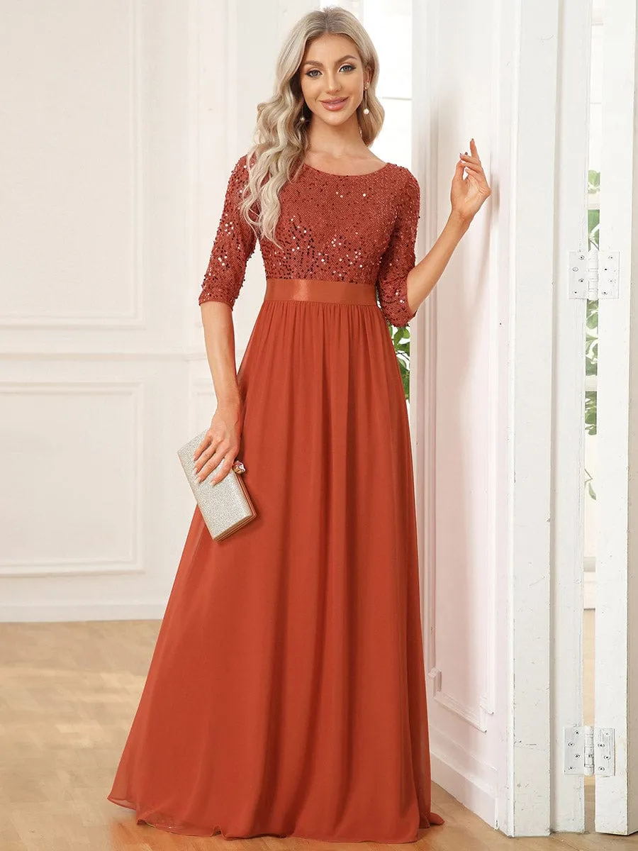 Elegant Round Neckline Long Sleeves Sequin Evening Dress