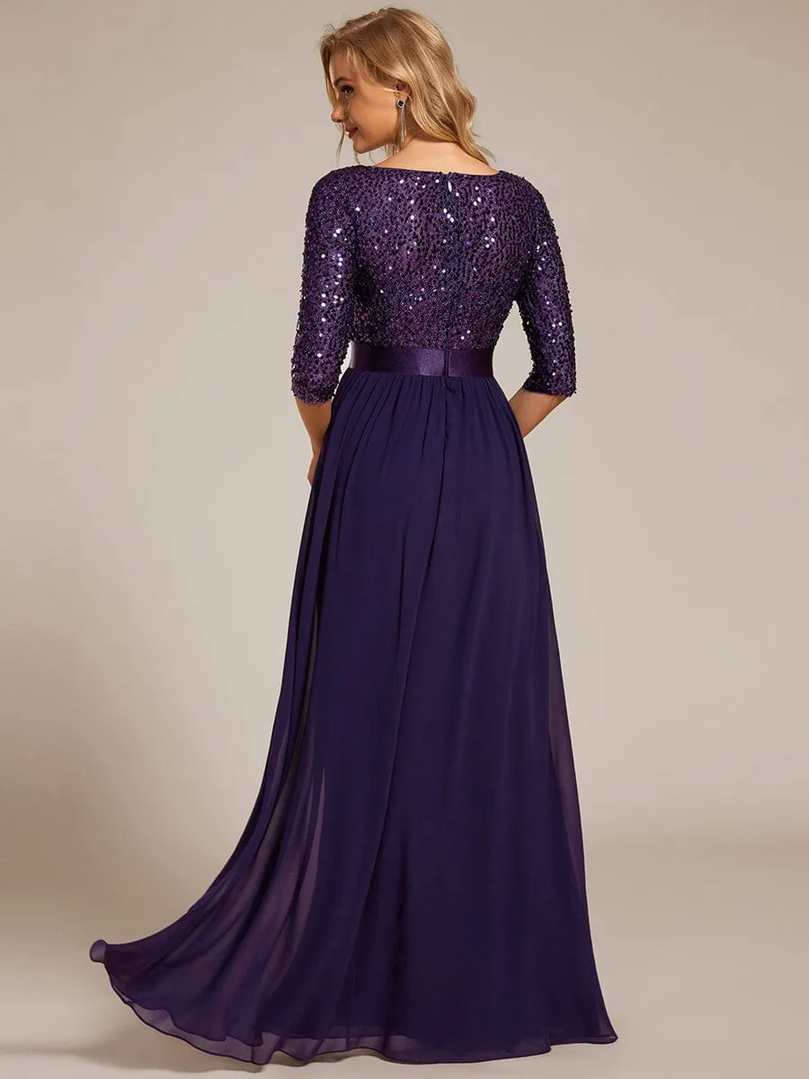 Elegant Round Neckline Long Sleeves Sequin Evening Dress