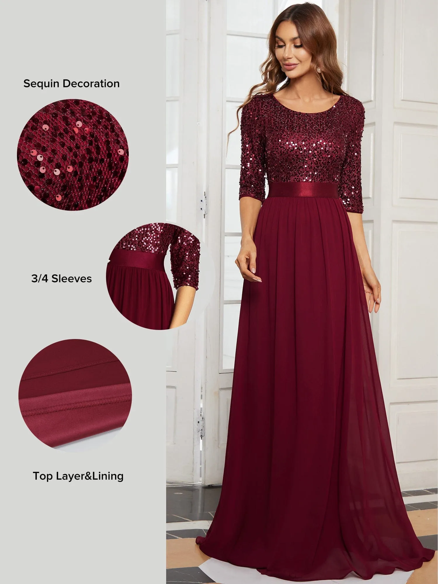 Elegant Round Neckline Long Sleeves Sequin Evening Dress