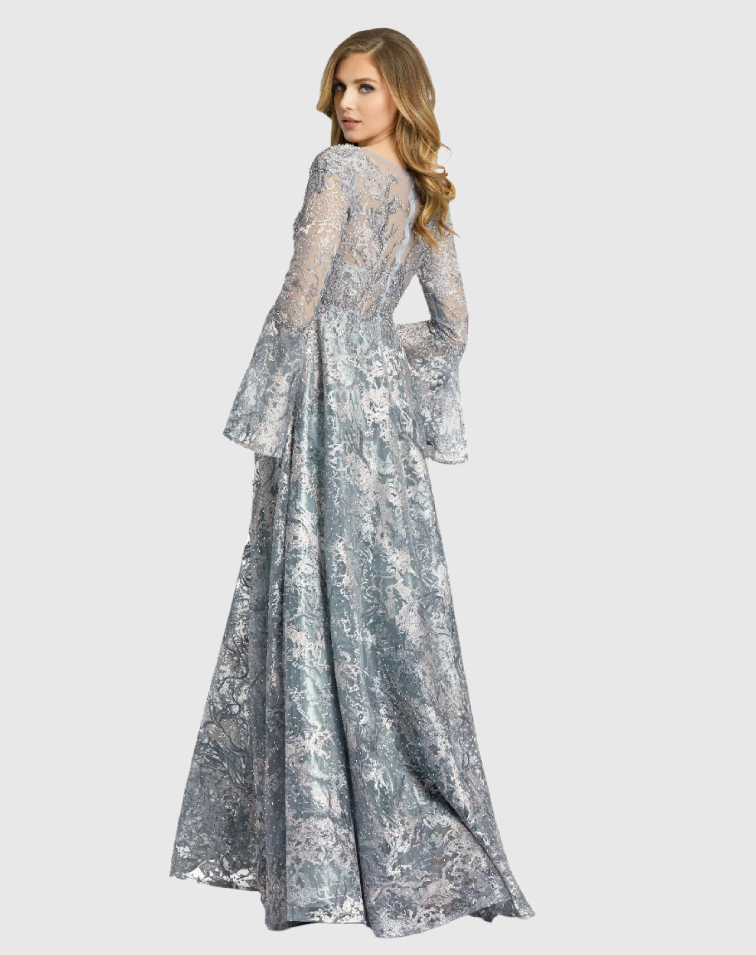 Embellished Illusion Bell Sleeve A Line Gown