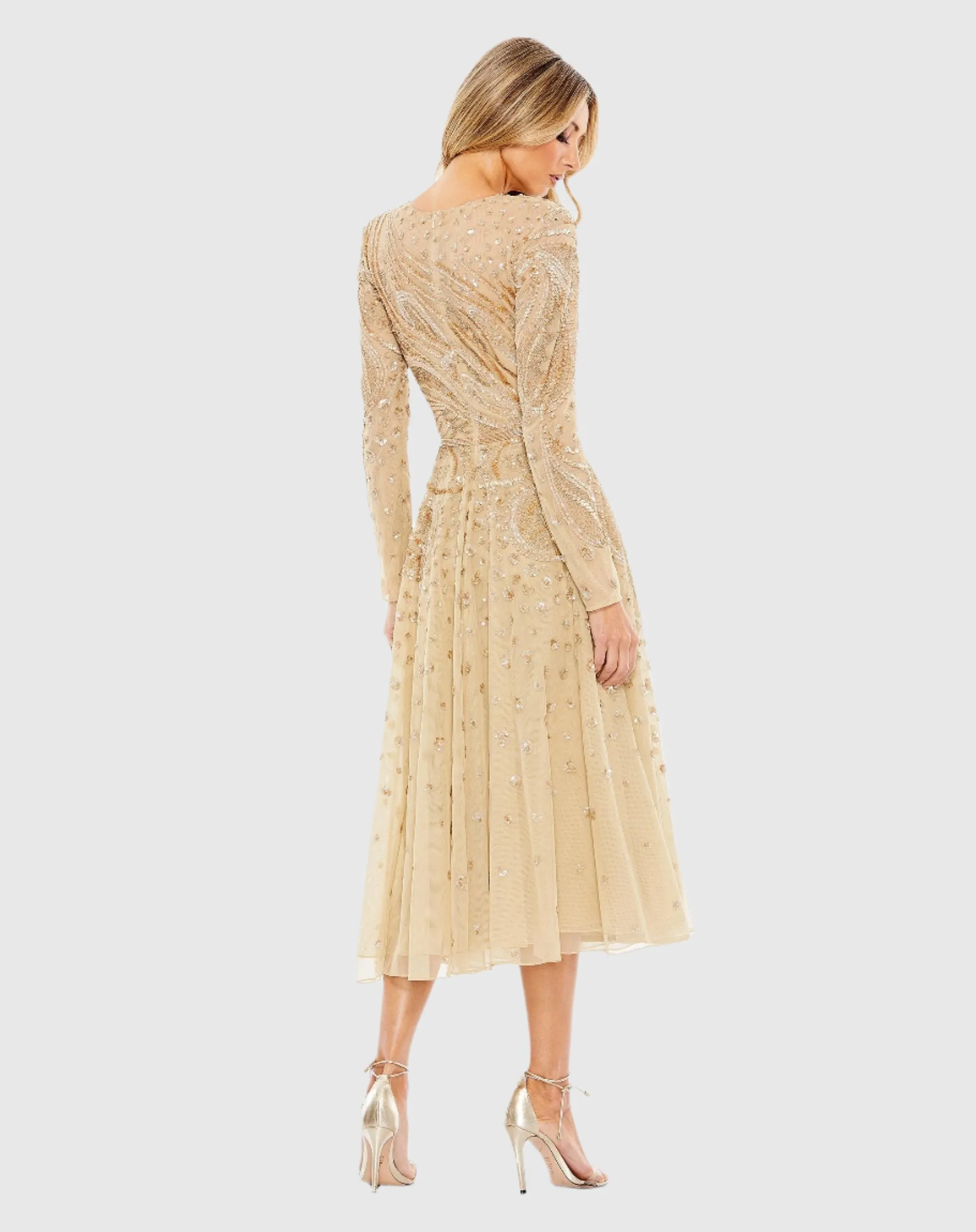 Embellished Illusion High Neck Long Sleeve Dress