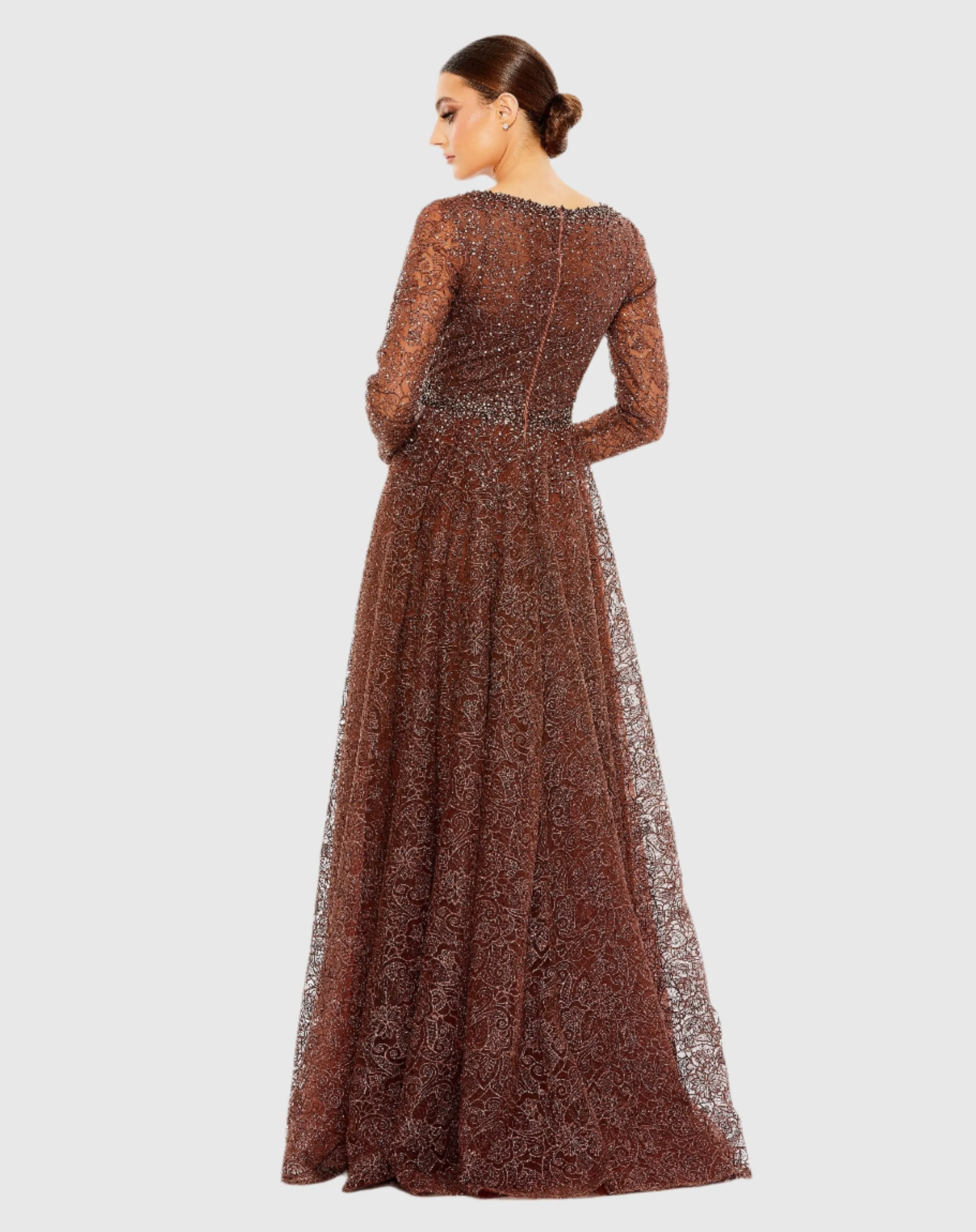 Embellished Illusion Long Sleeve V Neck Gown