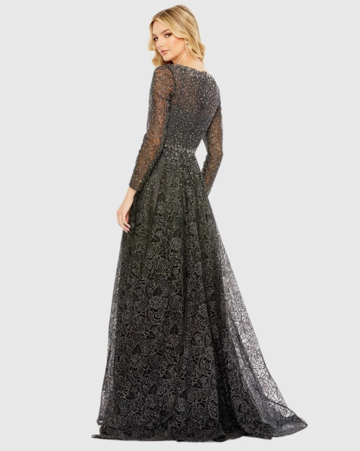 Embellished Illusion Long Sleeve V Neck Gown