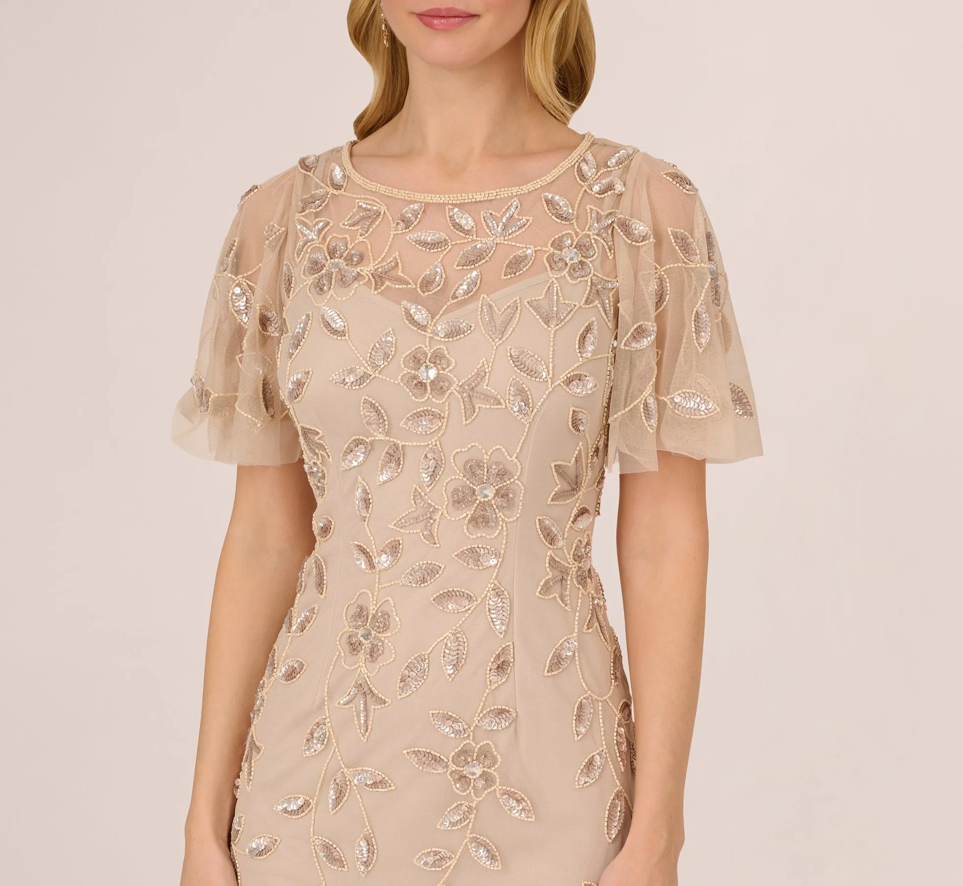 Latte Sheath Dress with Floral Beading, Sheer Neck, and Sleeves