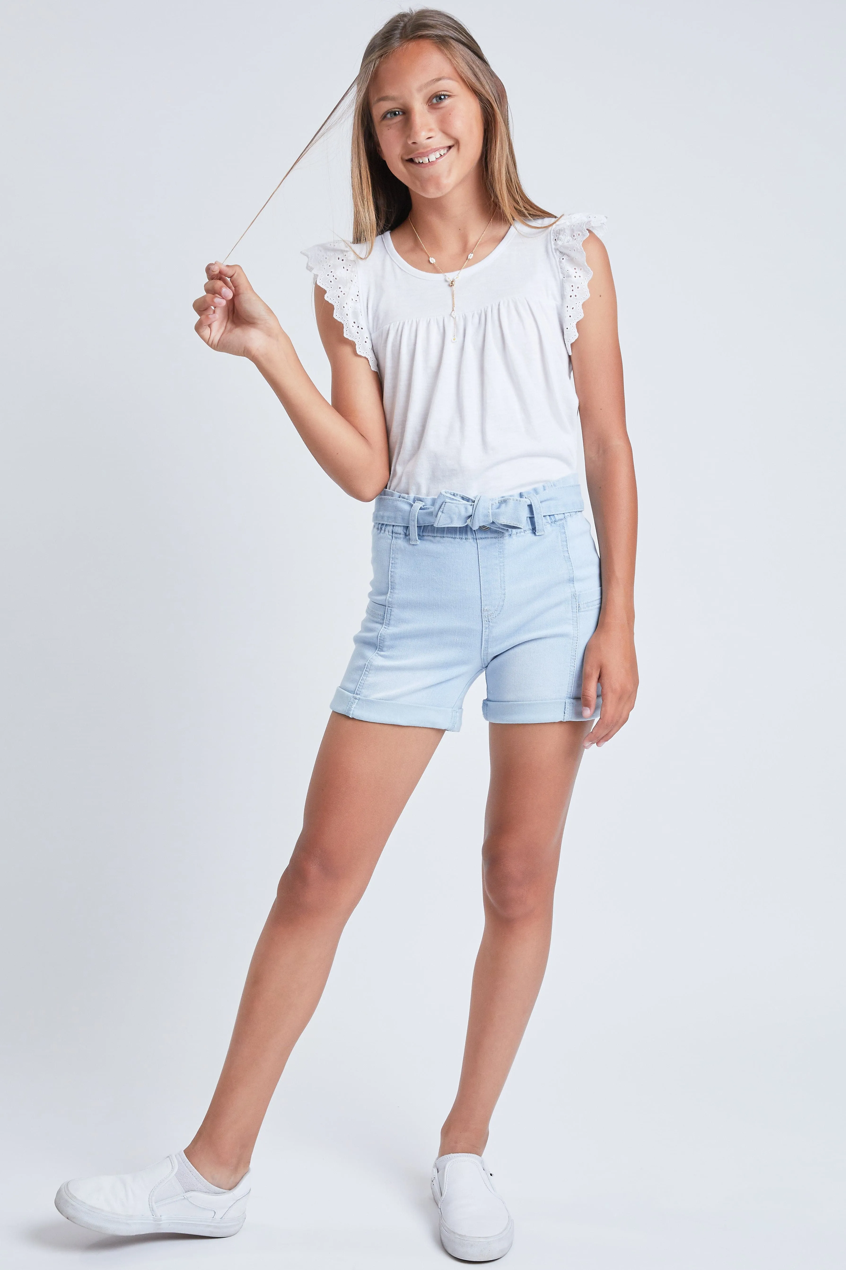 Girls Paper Bag Cuffed Shorts with Self Belt