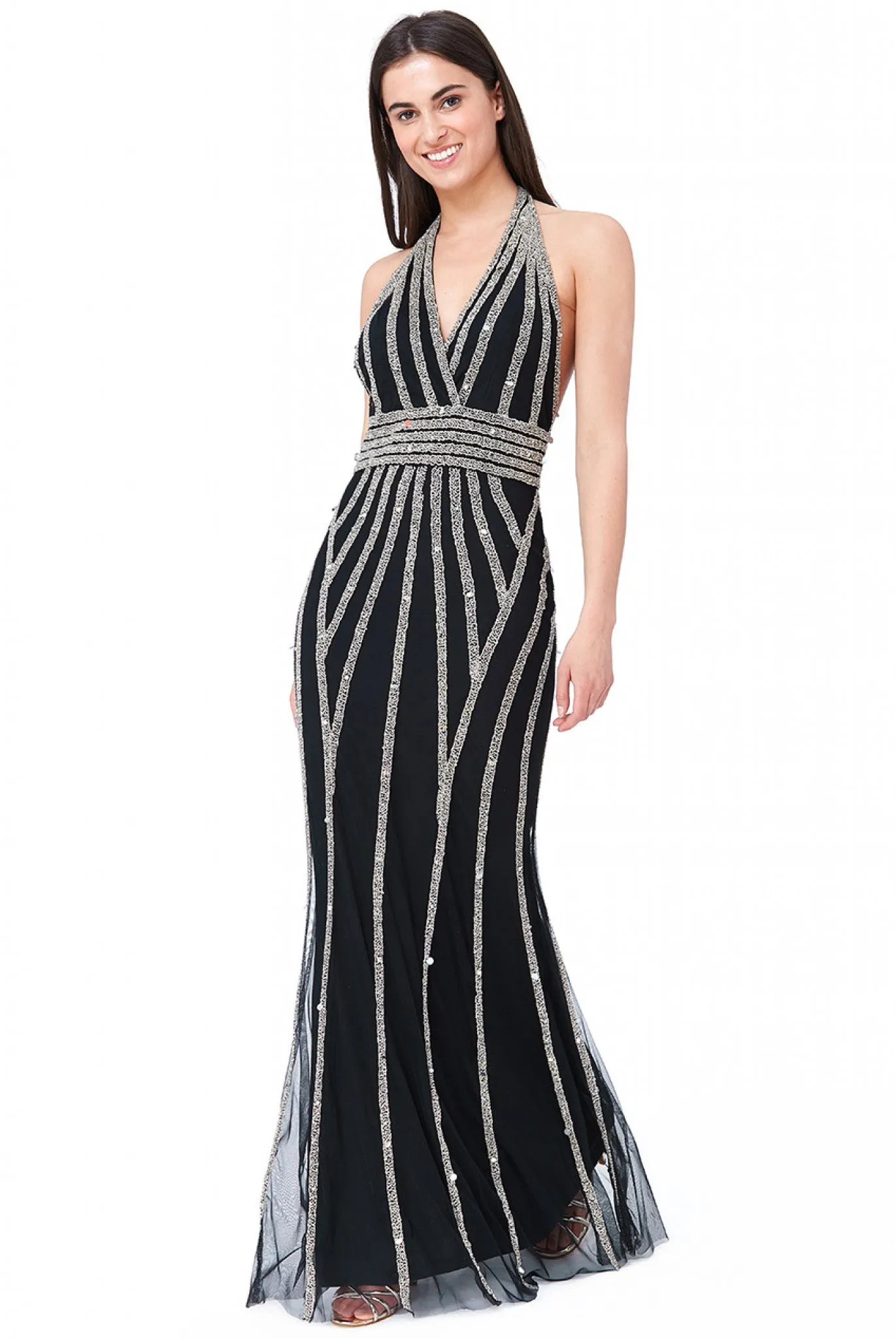 Goddiva Halter Neck Hand Embellished Maxi Dress