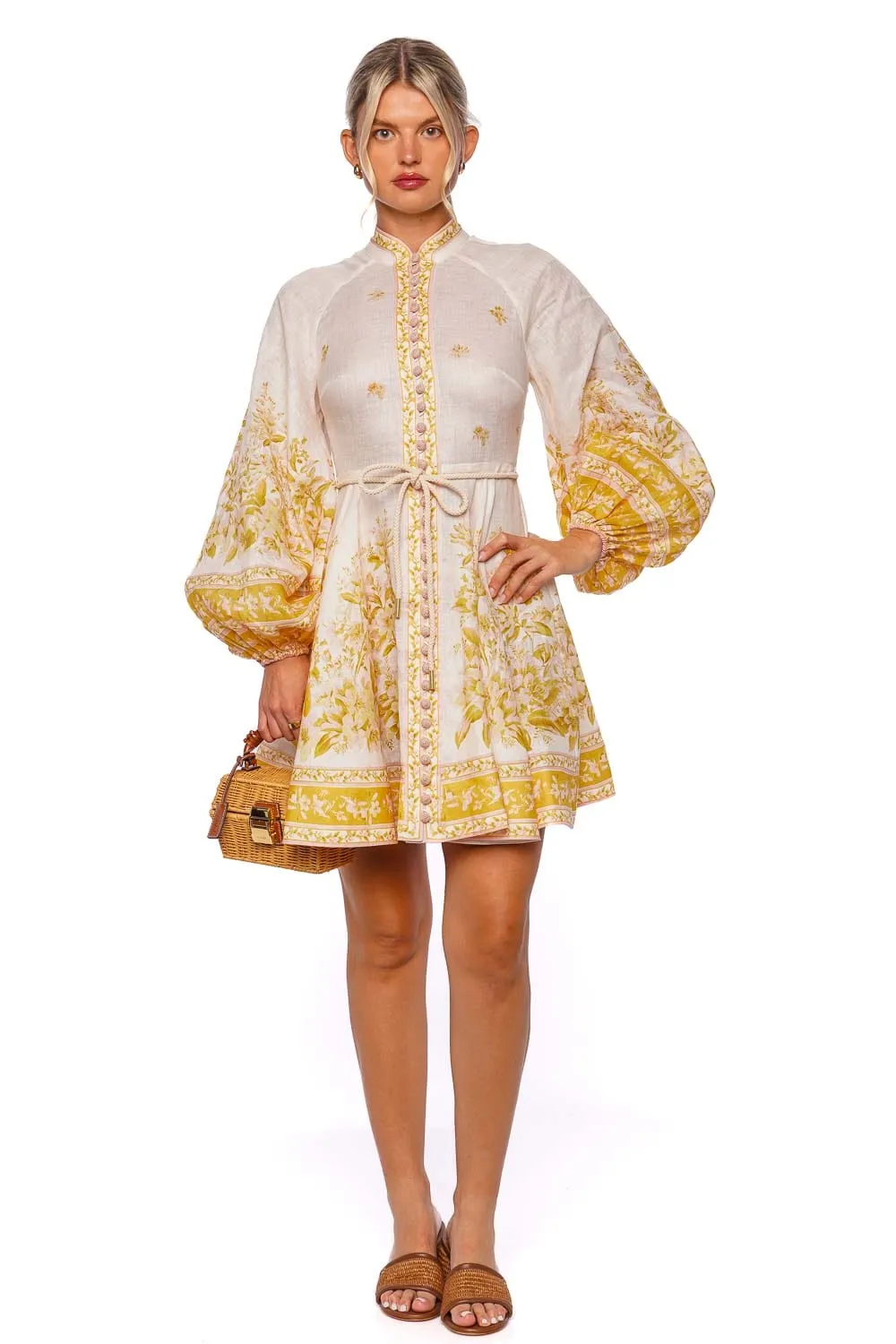 Golden Long Sleeve Button Belted Mini Dress