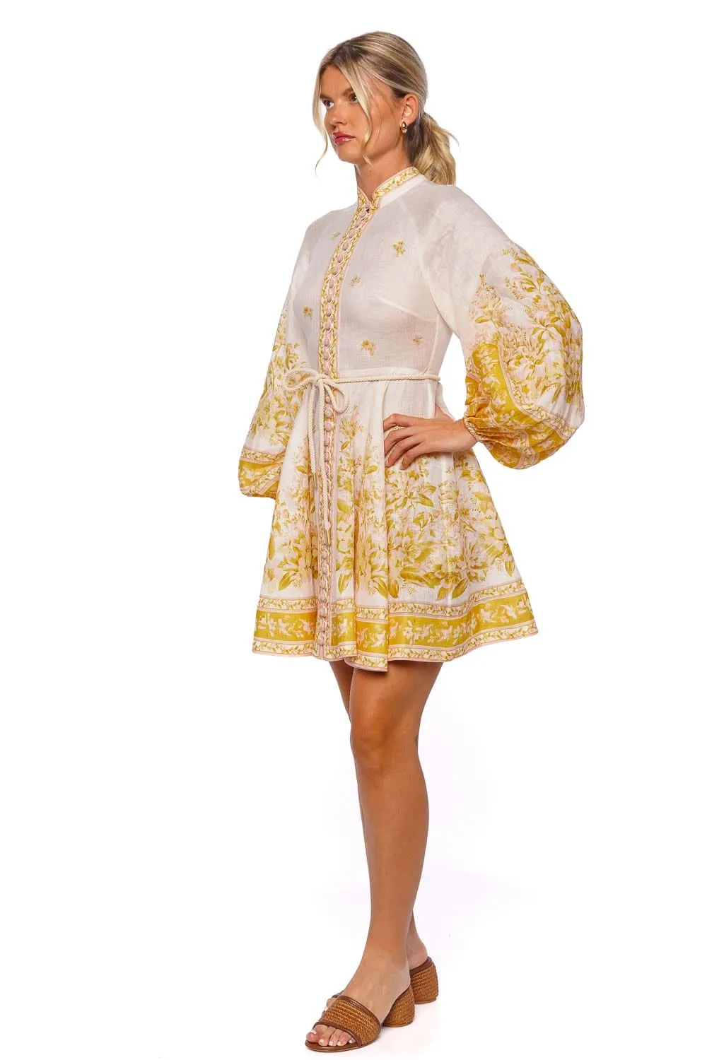 Golden Long Sleeve Button Belted Mini Dress