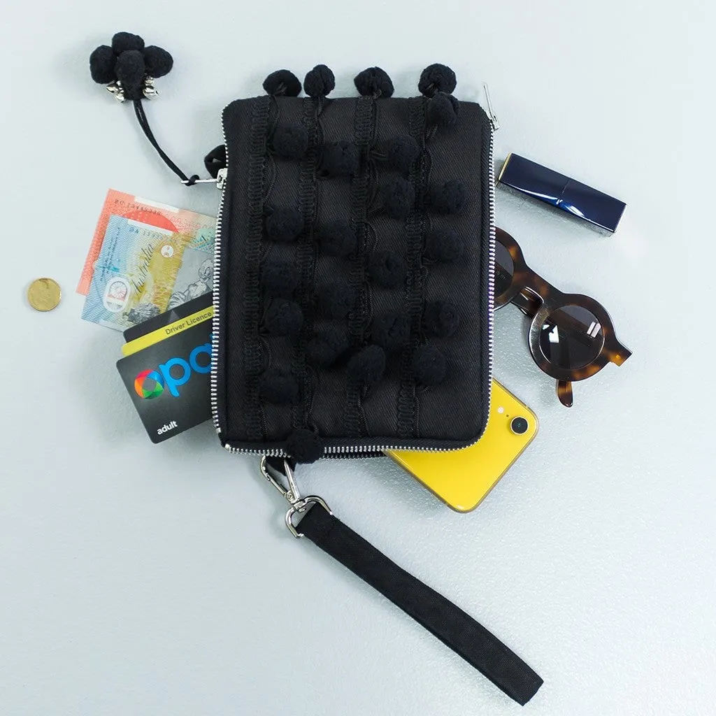 Ha Leh Mini Handmade Pom Pom Black Mini Crossbody Bag