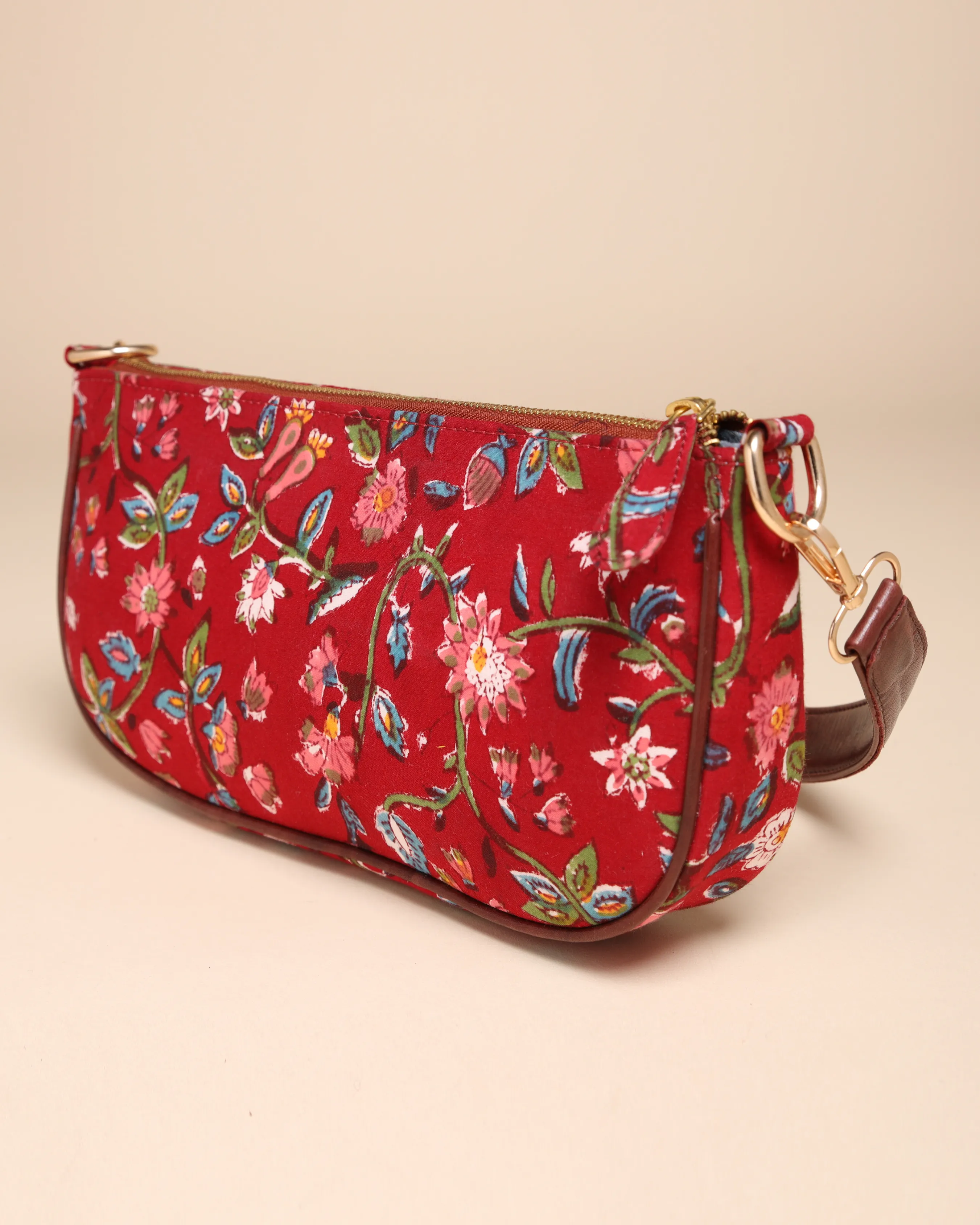 Imperial Red Cotton Blockprinted Mini Baguette Bag