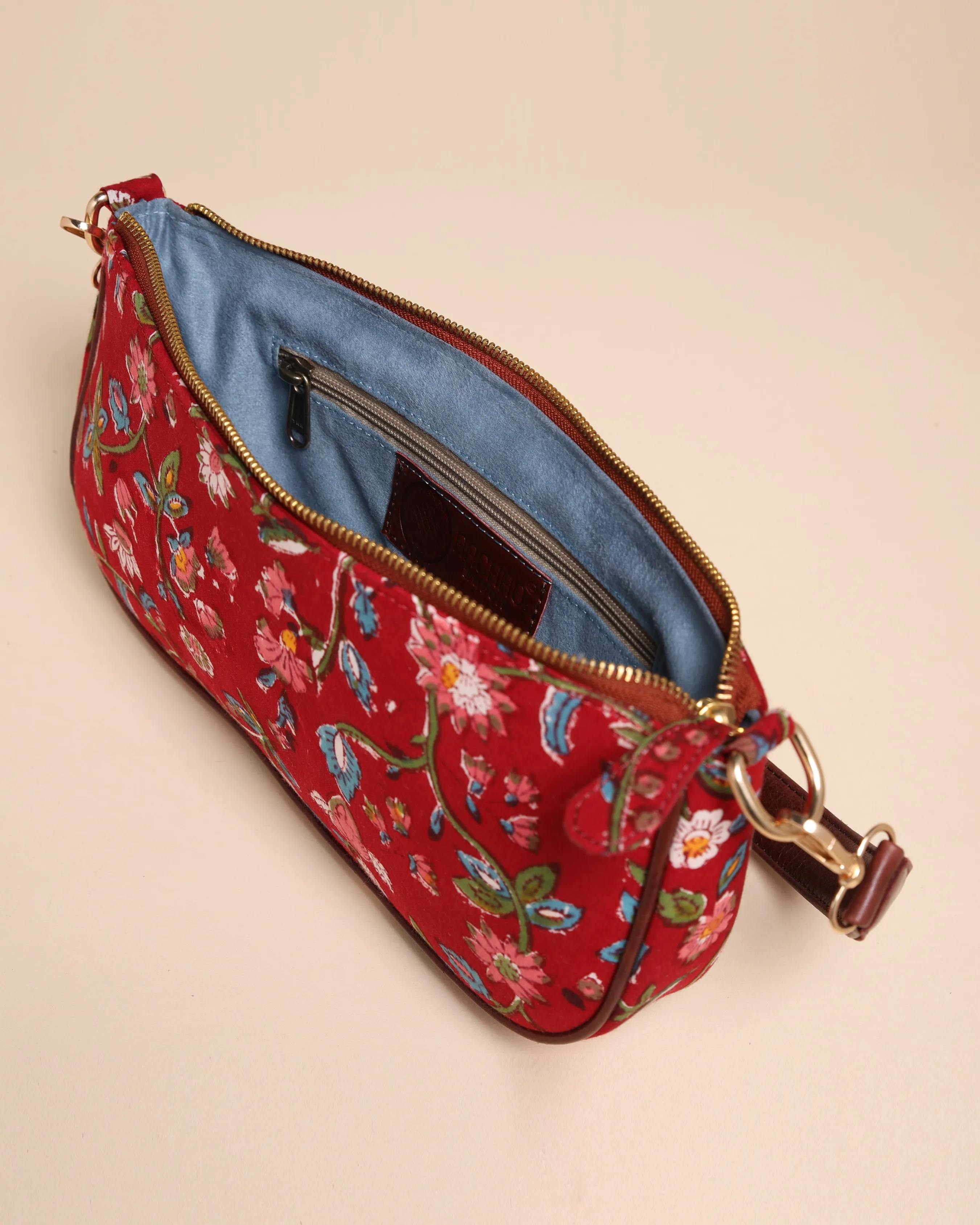 Imperial Red Cotton Blockprinted Mini Baguette Bag