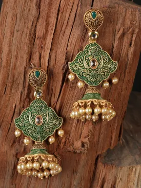 Ishin Gold Toned Green Meenakari Pearl Jhumka