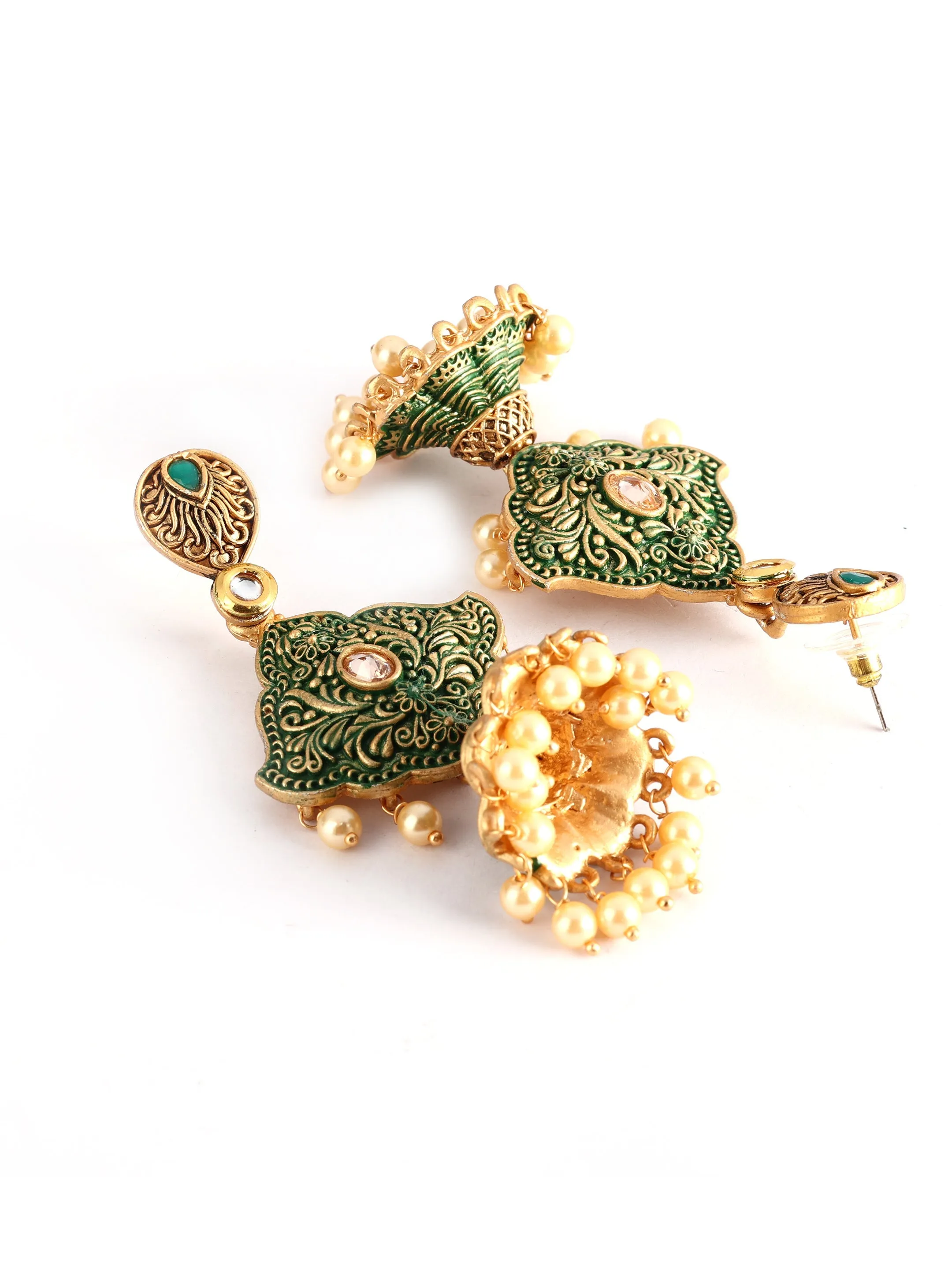 Ishin Gold Toned Green Meenakari Pearl Jhumka