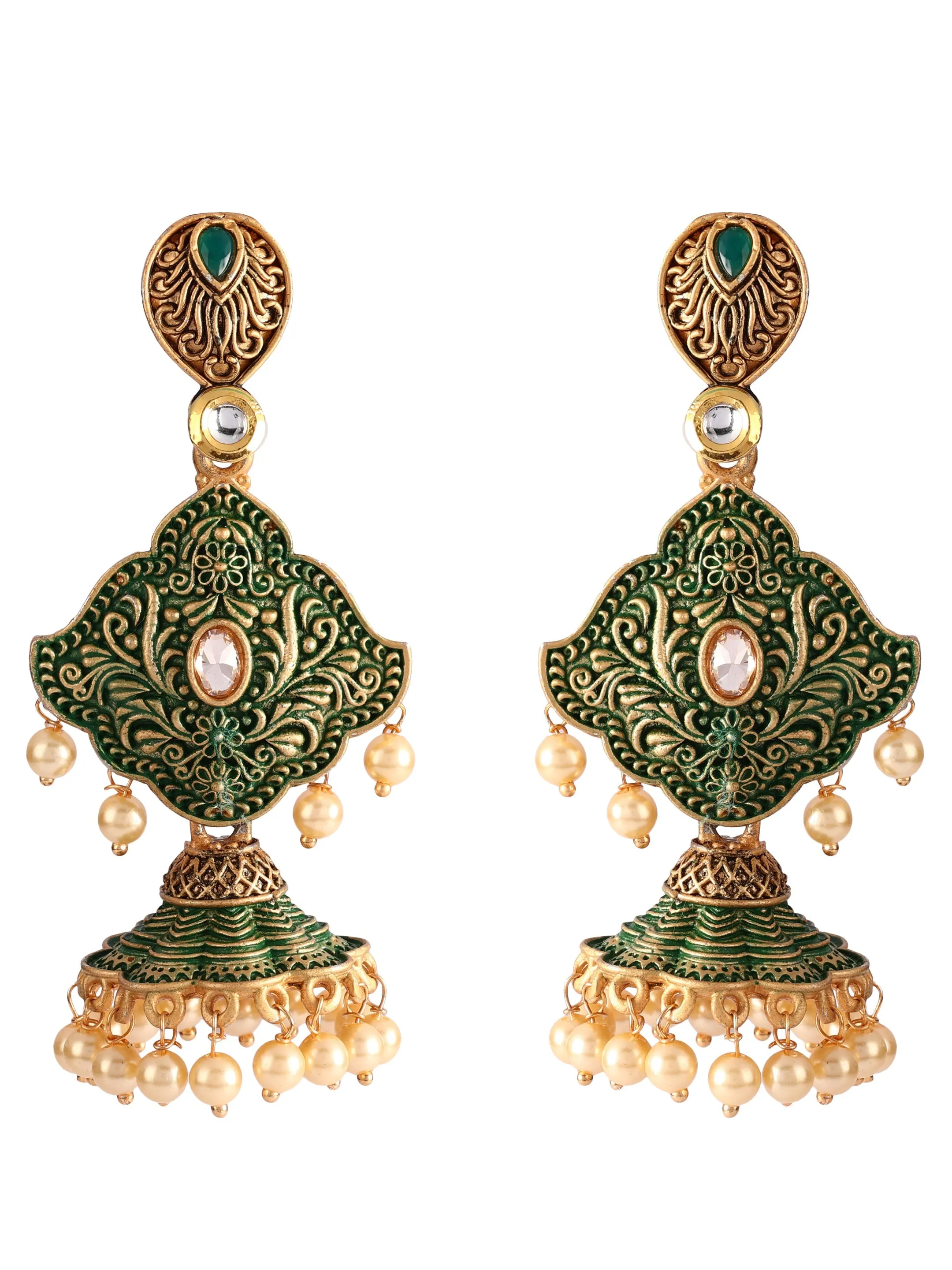 Ishin Gold Toned Green Meenakari Pearl Jhumka