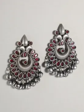 Ishin Oxidised Silver Plated Red Stone Studded Earring