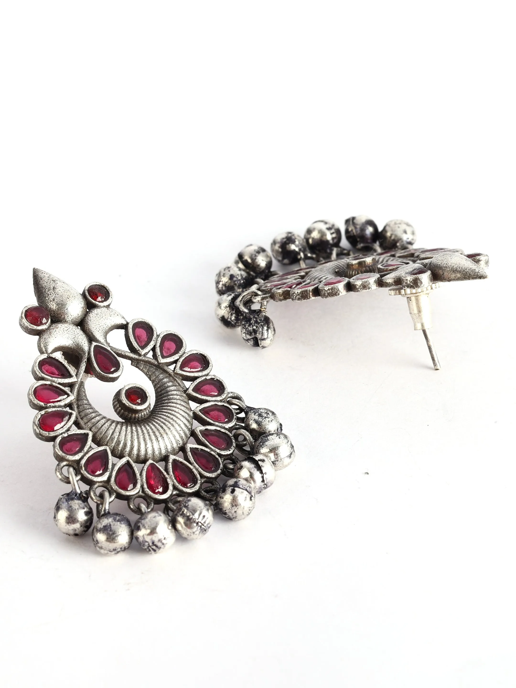 Ishin Oxidised Silver Plated Red Stone Studded Earring