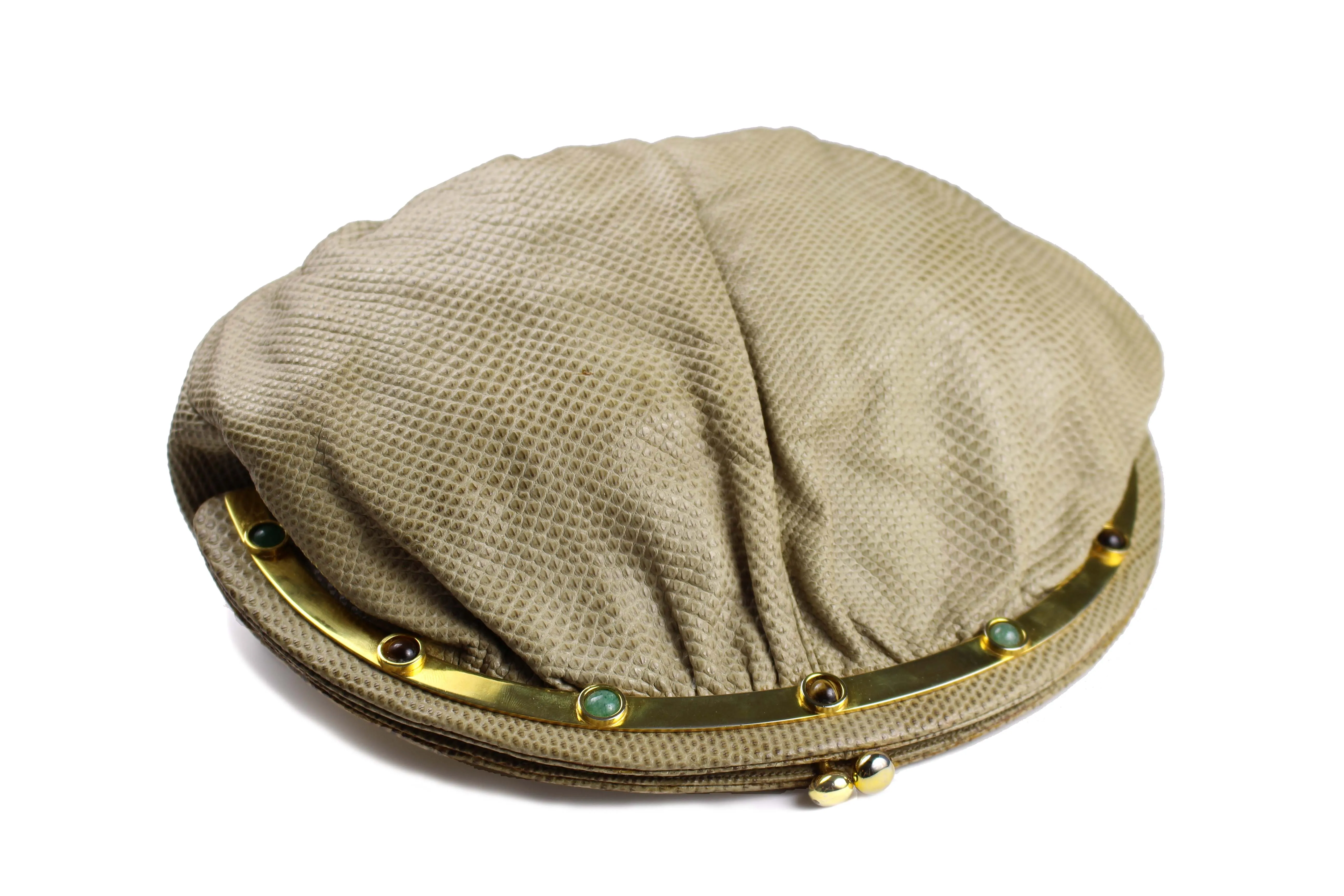 JUDITH LEIBER beige snake skin clutch with semicircular jewel frame