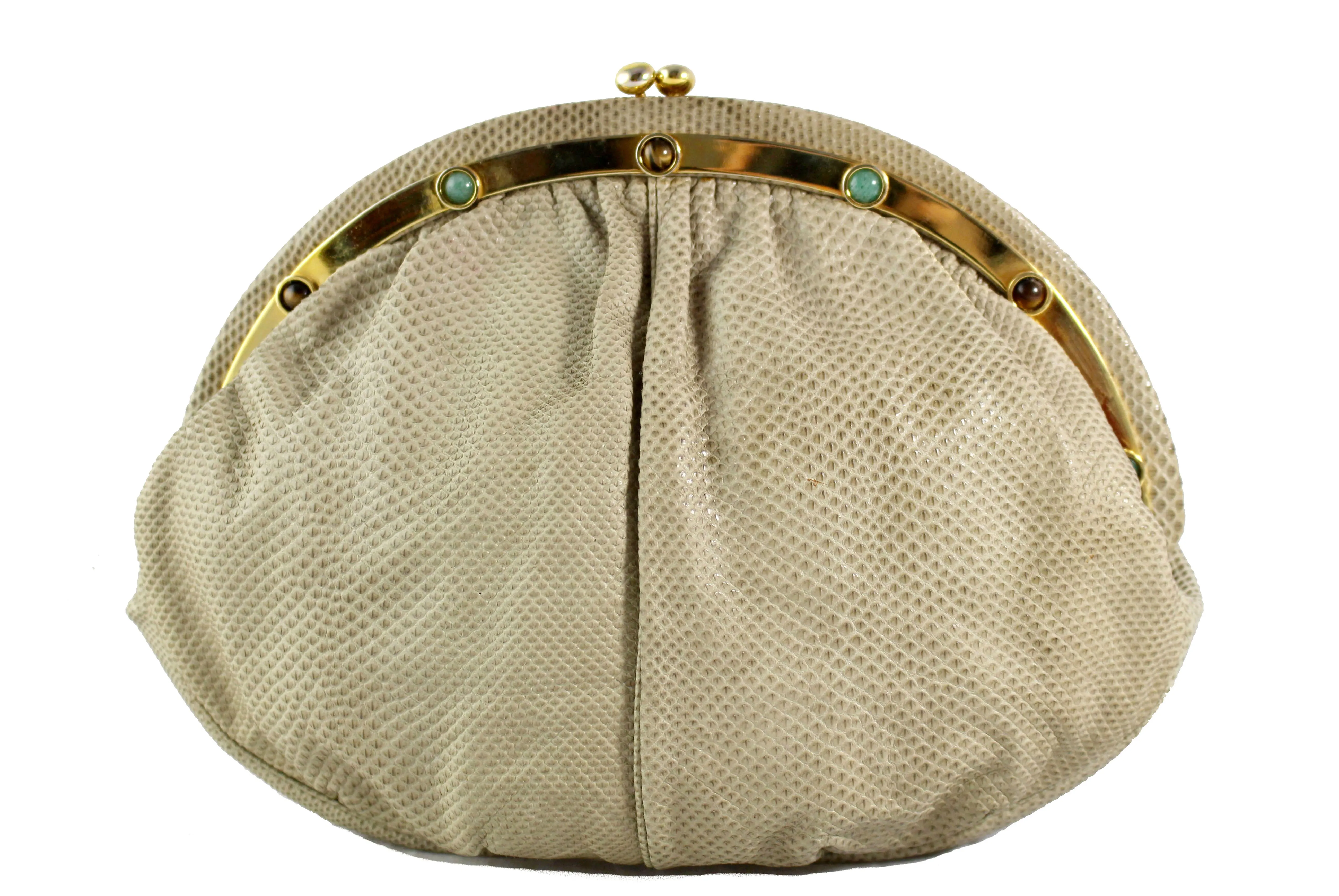 JUDITH LEIBER beige snake skin clutch with semicircular jewel frame