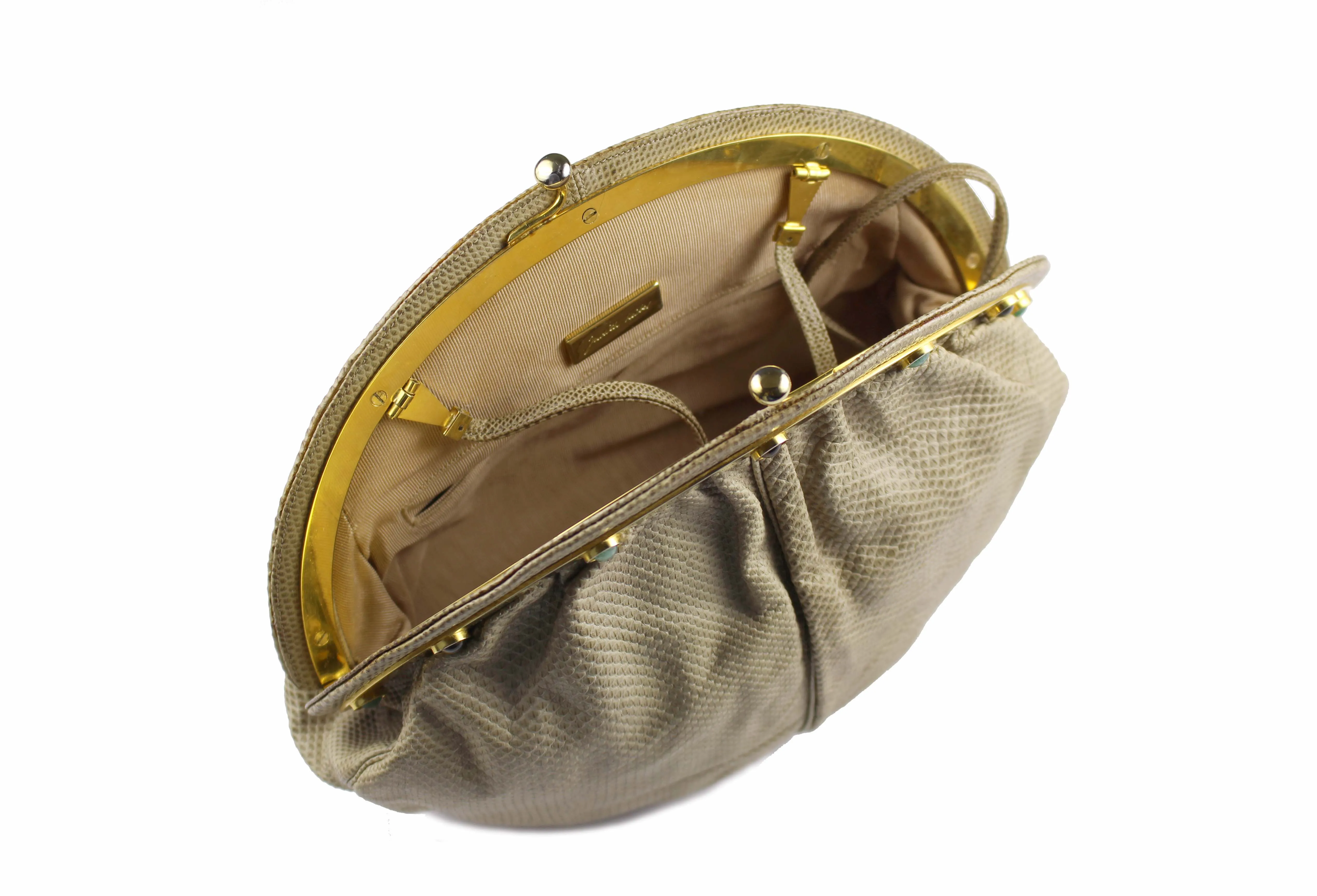 JUDITH LEIBER beige snake skin clutch with semicircular jewel frame