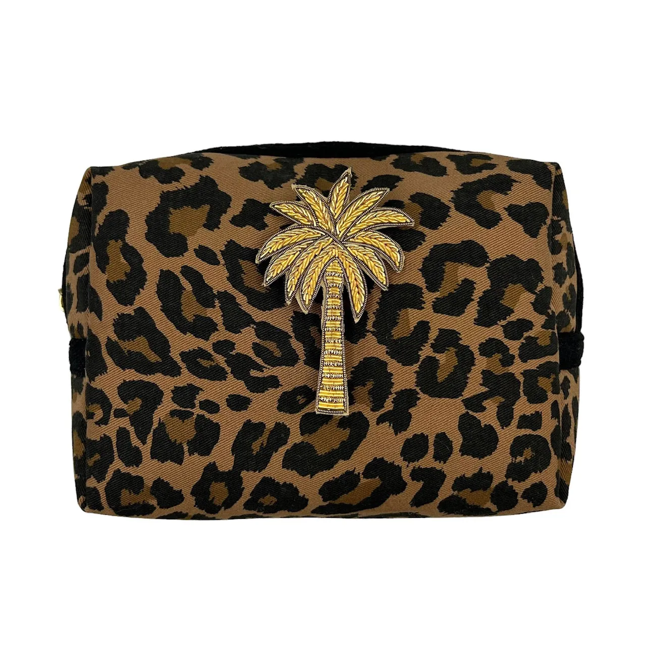 Leopard print make-up bag, large and small, with a palm tree brooch