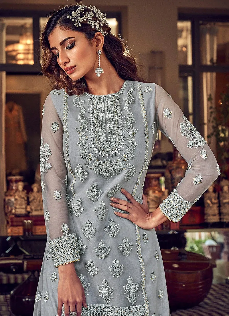 Lovable Pastel Grey Embroidered Party Wear Sharara Suit