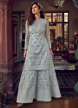 Lovable Pastel Grey Embroidered Party Wear Sharara Suit