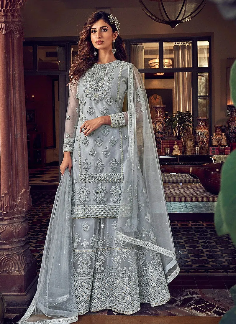 Lovable Pastel Grey Embroidered Party Wear Sharara Suit