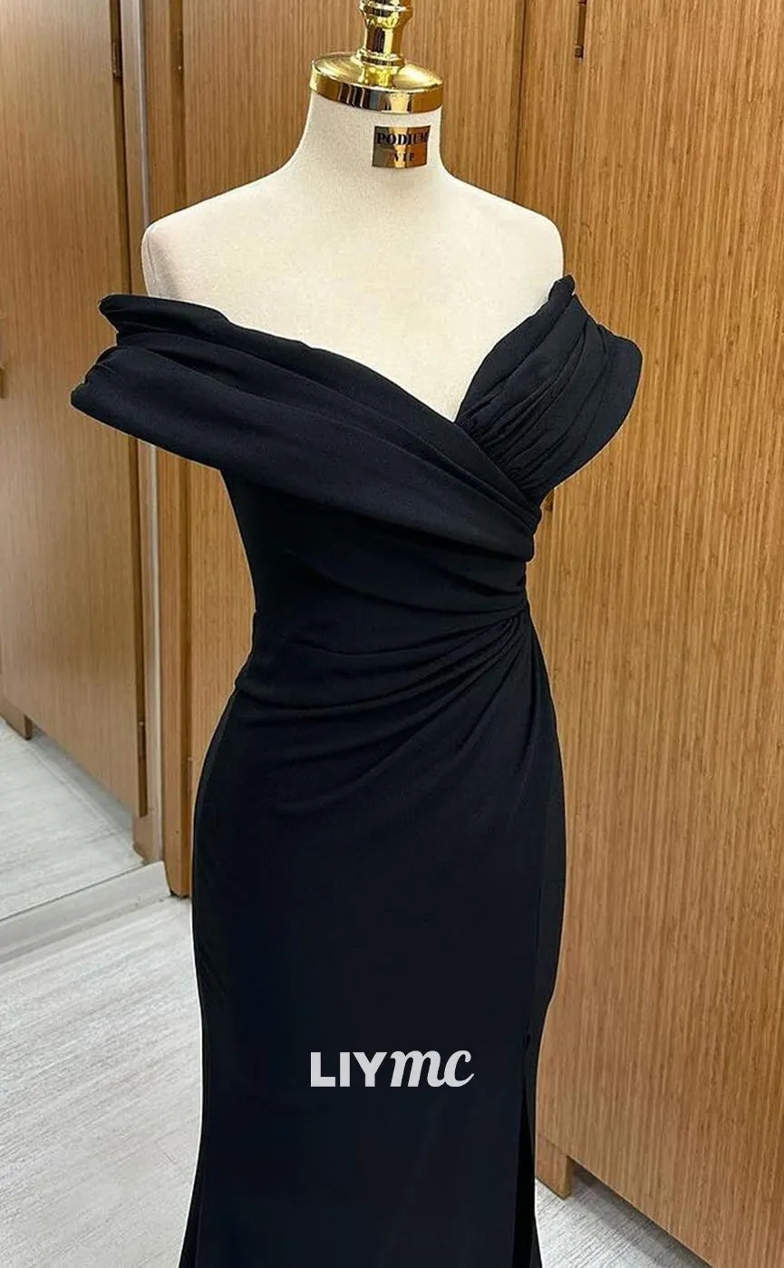 LP1338 -  Classic Mermaid Off-Shoulder Black Stain Ruched Long Prom Gown