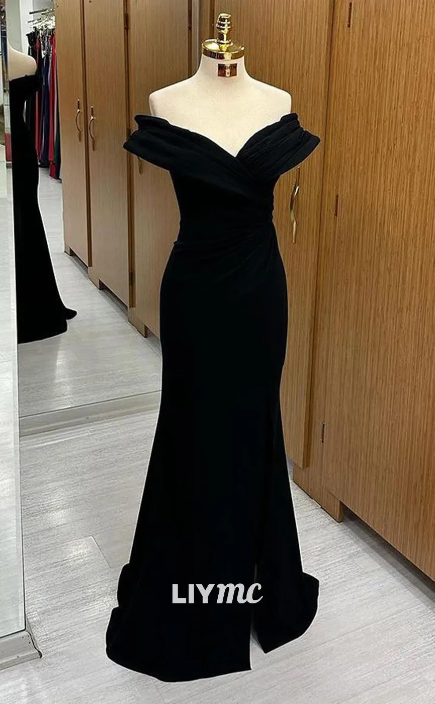 LP1338 -  Classic Mermaid Off-Shoulder Black Stain Ruched Long Prom Gown